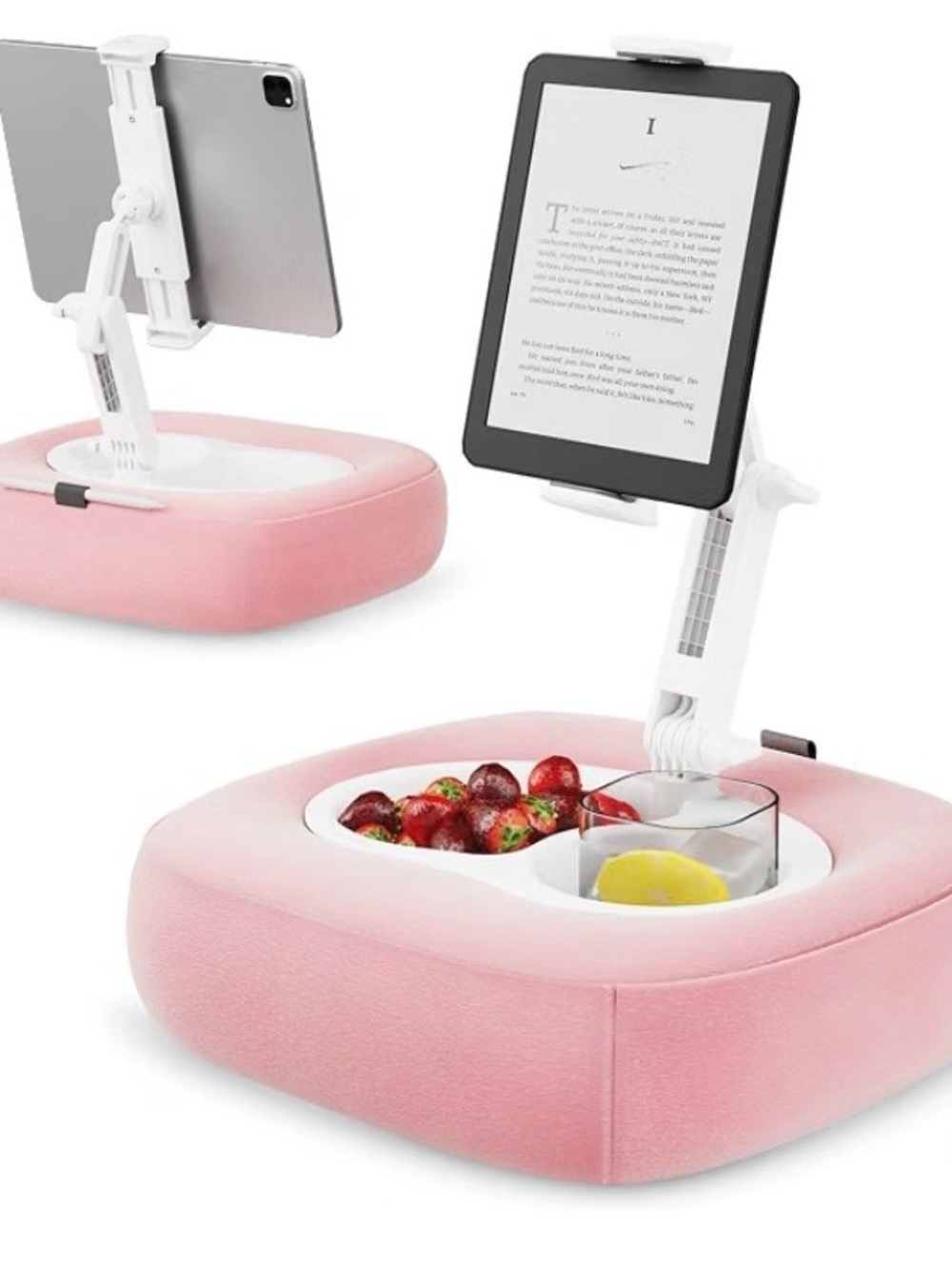NEW Tablet Pillow Stand, Adjustable Kindle Stand for bed with 2 Snack Bowls